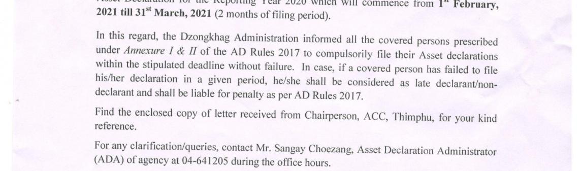 Notification for annual asset declaration (AD) for the reporting year 2020